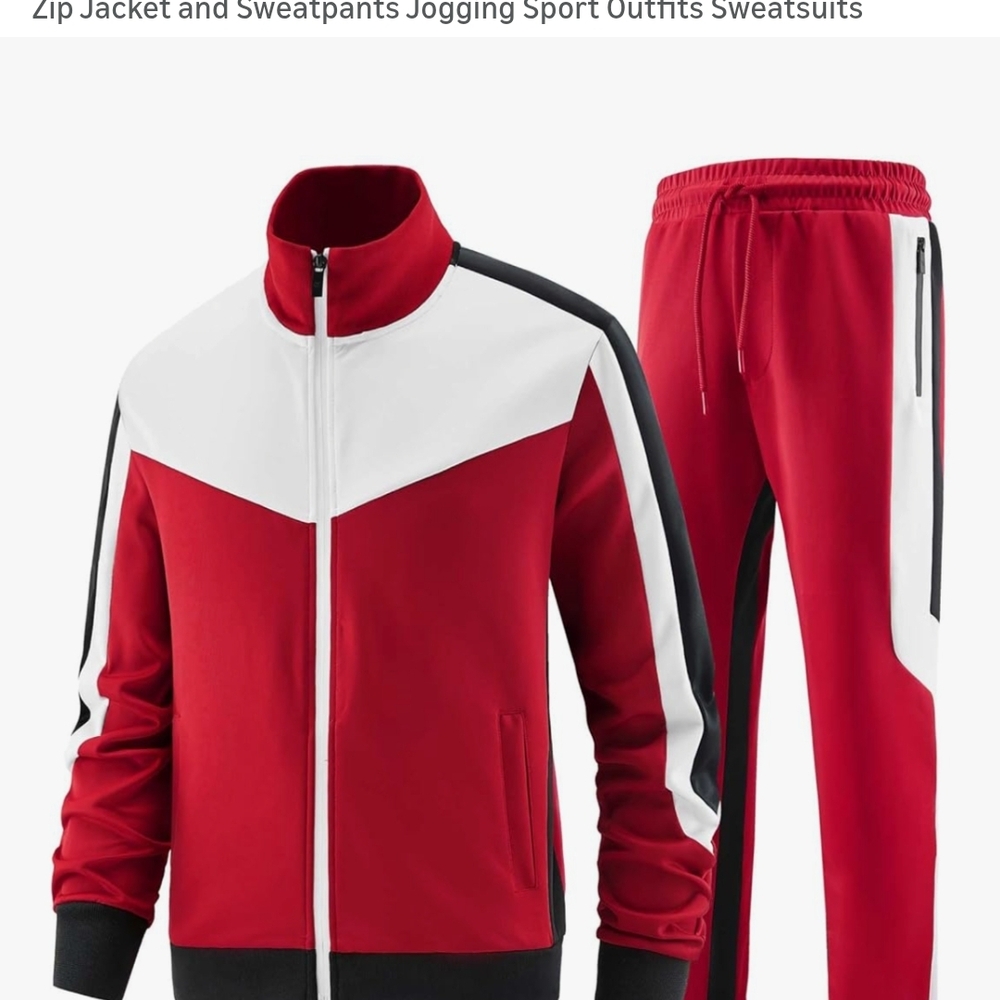 Men's Red and White Zip Track Jacket & Sweatpants Set